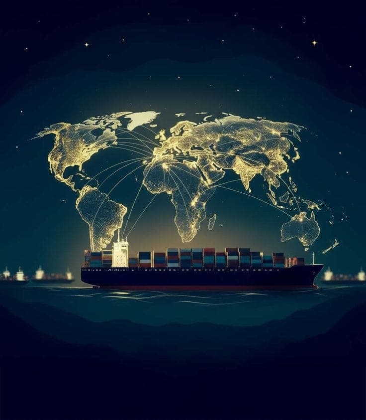 Aerial view of a cargo ship navigating the ocean